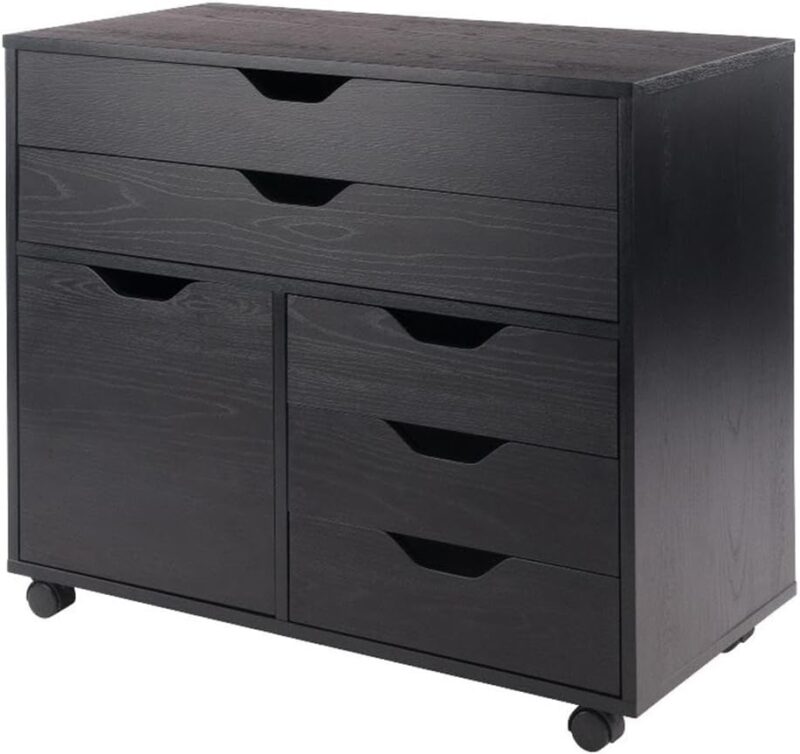 Storage Mobile Cabinets, 1 Door, 3 Drawers, 2 Wide Drawers, for Home Office, Black