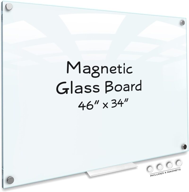 Glass Whiteboard 46 x 34 inch (4' x 3') Glass Dry Erase Board for Wall Fraess Large Office Wall Mount Frosted White Board for Work Home and School with Marker Tray Includ