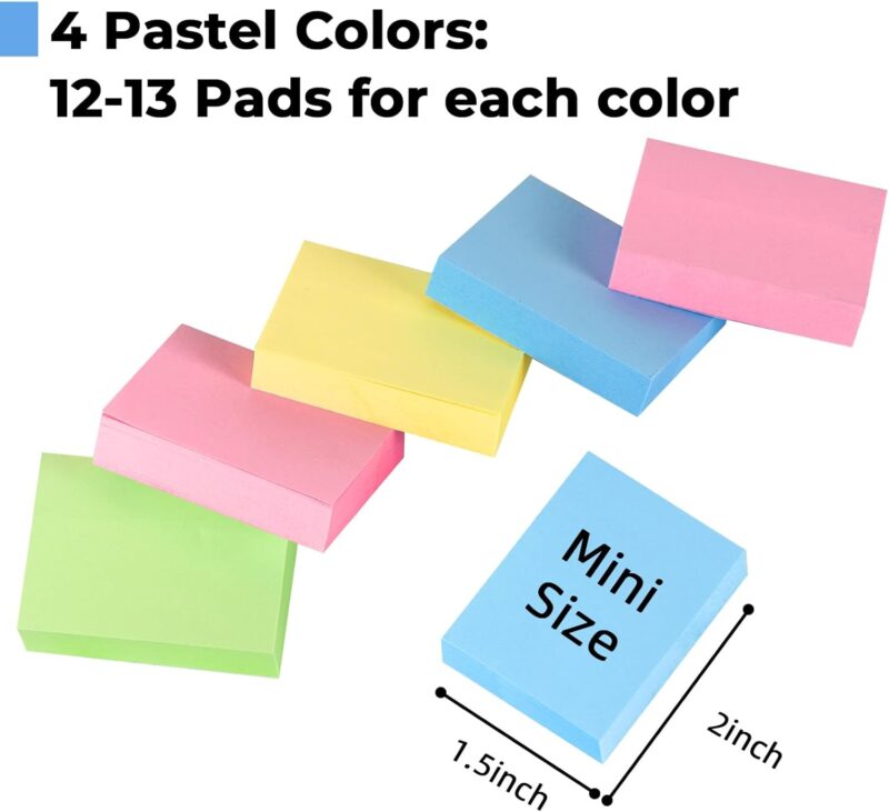 50 Pads Mini Sticky Notes 1.5X 2 inch, Small Self-Stick Note, Bulk Tiny Pads for Office, School, Home, 100 Sheets/Pad, 4 Pastel Colors, Pink, Yellow, Green, Blue - Image 2