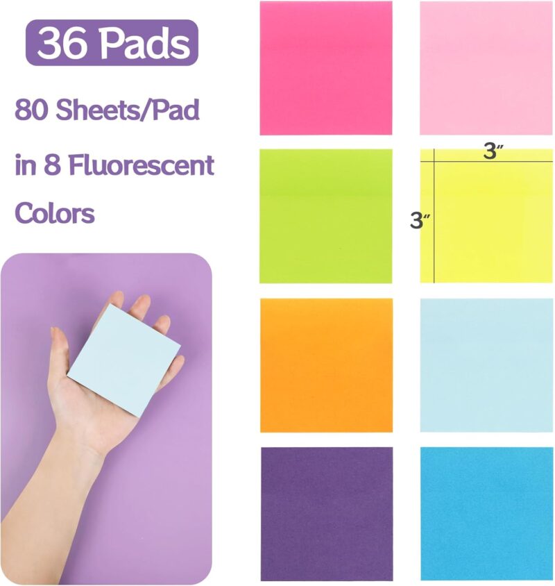 36-Pads Sticky Notes 3X3 in, 80 Sheets/Pad, 8 Bright Color Self-Stick Note Pads, Bulk Vibrant Sticky Note for Home Office School(Total 2880 Sheets) - Image 2