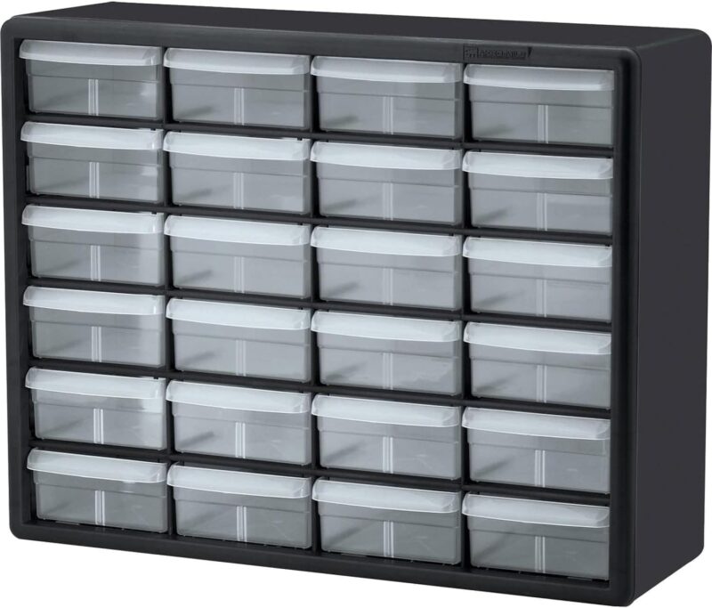 24-Drawer Plastic Drawer Storage Cabinet for Garage Organization, Bead Organizer, Lego Storage, Teacher Toolbox, Makeup Organizer, and More, 20-Inch W x 6-Inch D x 16-Inch H, Black