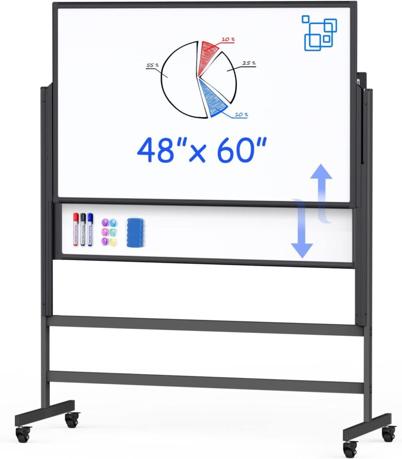Dry Erase Whiteboard Height Adjus 48 x 60 inches Large ing Easel White Board on Wheels 4‘x5' Mobile Dou-Si Magnetic Rolling White Board for Office Home Classroom School Black