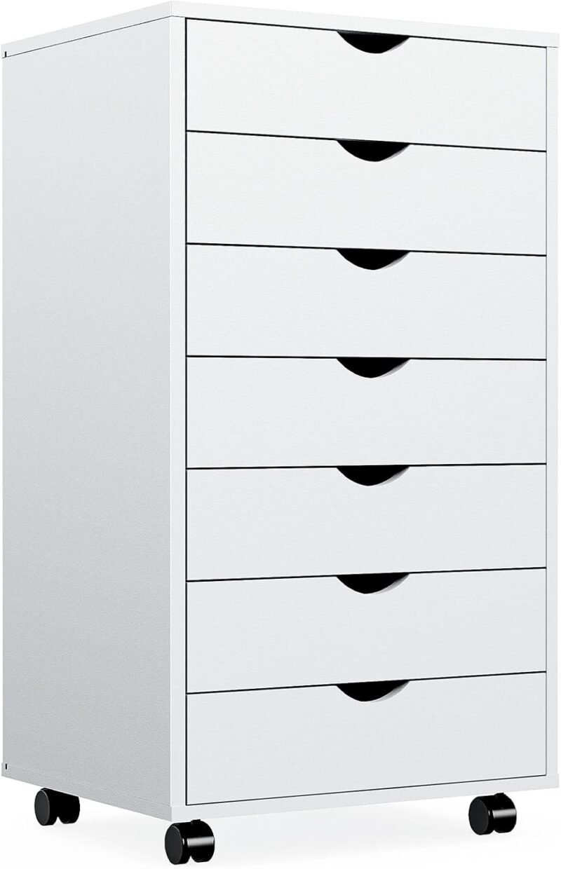 7 Drawer File Cabinet Wood Rolling Organizer Storage Chest with Wheels Mobile Printer Stand for Home Office, 15.75"D x 18.74"W x 34.25"H, White