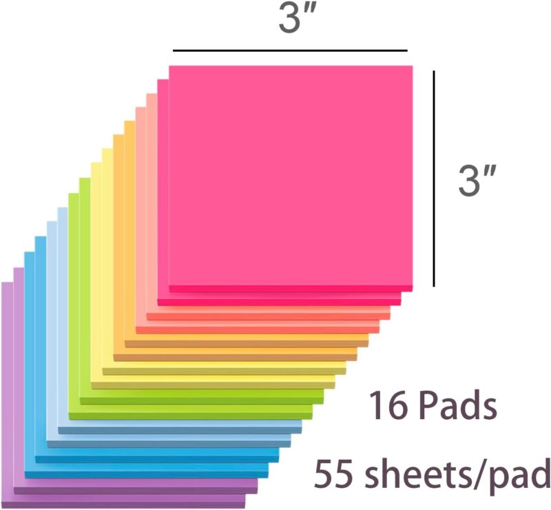 (16 Pack) Sticky Notes 3x3, Self-Stick Pads Bright Colors Sticky Note, Recyclable, Easy to Post for Home, Office, Notebook - Image 2
