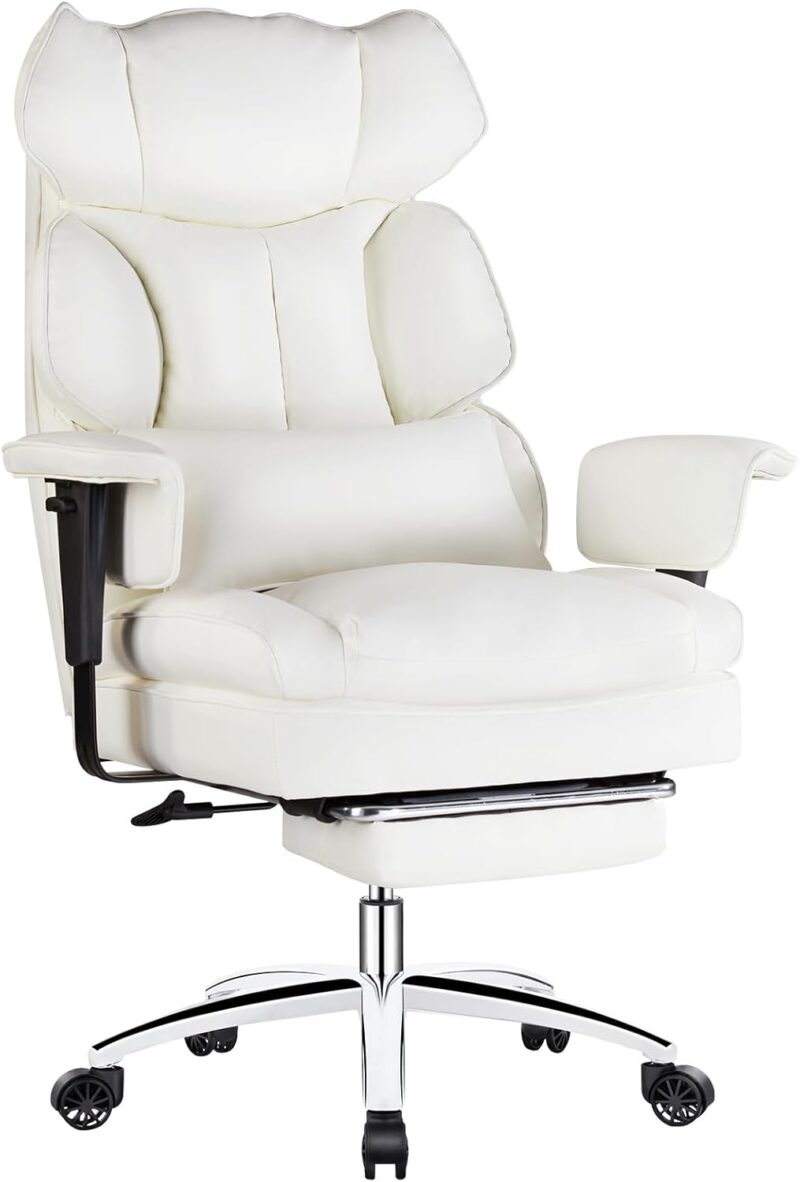 Executive Home Office Desk Chair - Ergonomic Big and Tall High Back with Footrest & Lumbar Support, Reclining Height Adjustable PU Leather Computer Gaming with Swivel Wheels, White