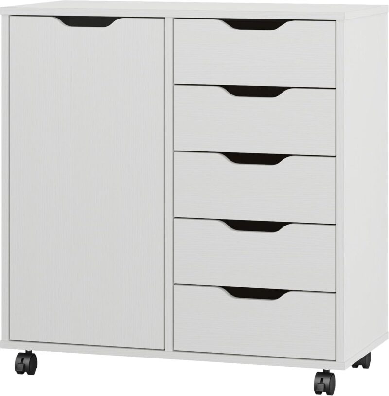 5-Drawer Chest with 1 Door, Wooden Chest of Drawers Storage Dresser Cabinet with Wheels, Office Organization and Storage, Bedroom Furniture (White-S)