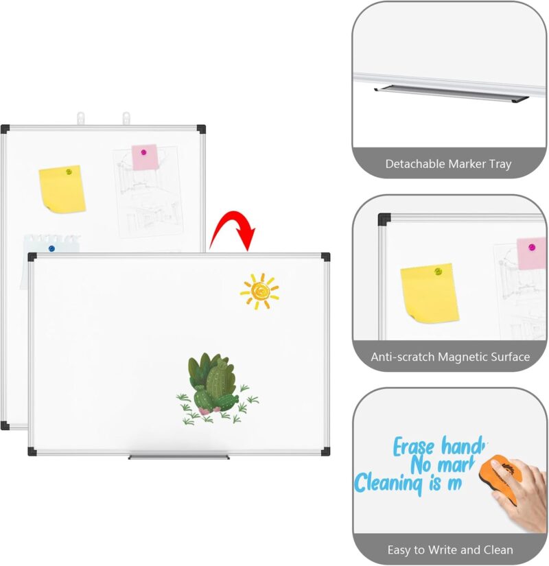 Magnetic Whiteboard 24 x 18 Inch Hanging Dry Erase Board with Aluminium Frame & Marker Tray | Wall Mounted Magnetic White Board for Home School Office - Image 2