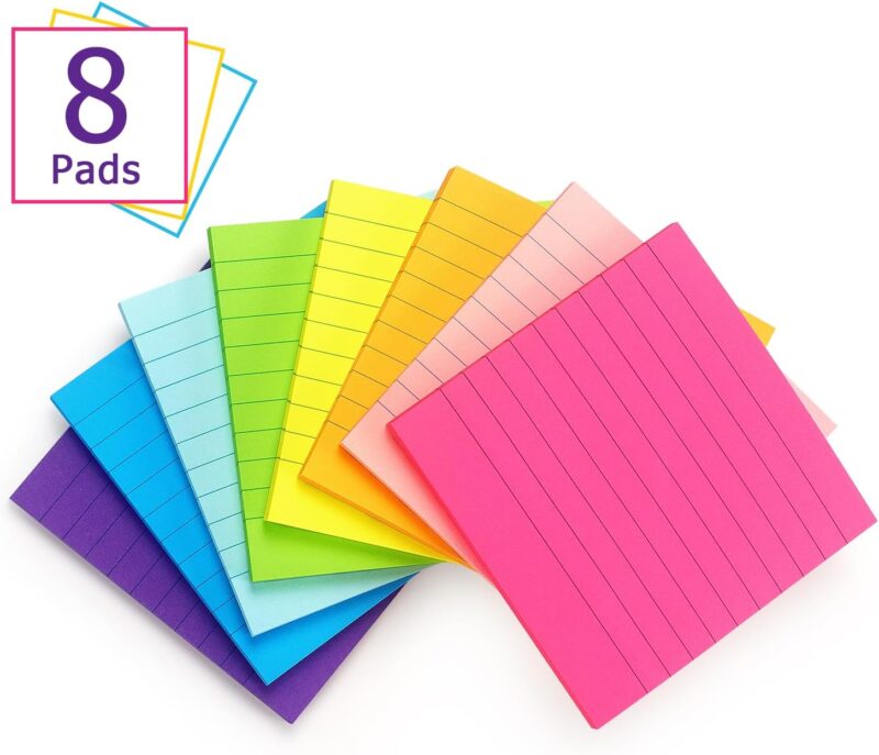 8 Pads Lined Sticky Notes 4x4 Sticky Notes with Lines Self-Stick Note Pads 8 Bright Multi Colors, 50 Sheet/Pad - Image 2