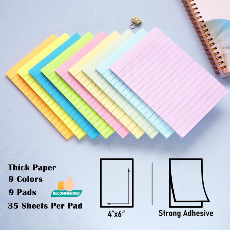 9 Pack Lined Sticky Notes 4X6 in Post, 9 Pastel Colors Large Ruled Post Sticky Colorful Super Sticking Power Memo Pads Strong Adhesive, Sticky Notes with Lines Office, Home, 35 Sheets/pad - Image 2