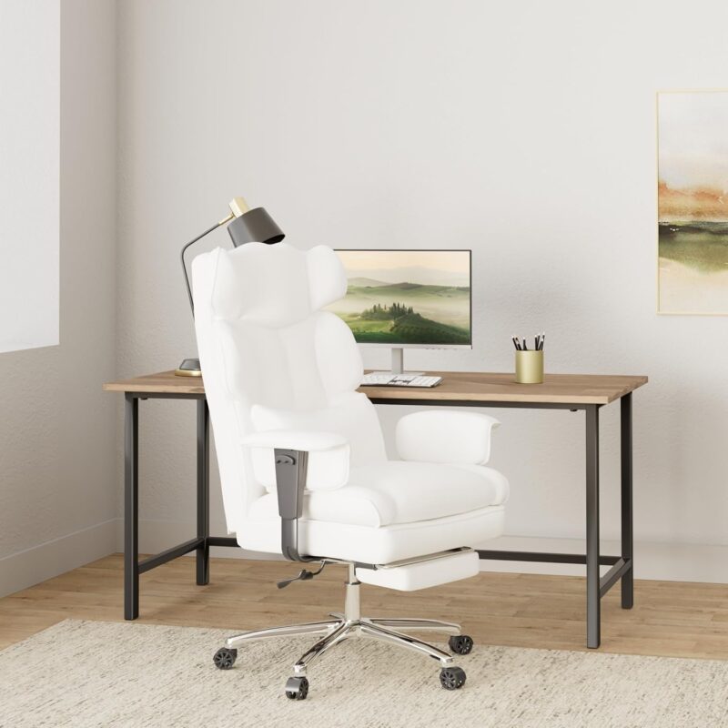 Executive Home Office Desk Chair - Ergonomic Big and Tall High Back with Footrest & Lumbar Support, Reclining Height Adjustable PU Leather Computer Gaming with Swivel Wheels, White - Image 2