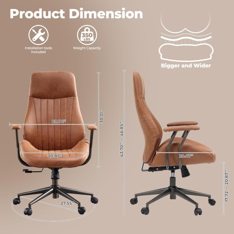Ergonomic Home Office Chair, Mid-Century Modern Leather Chair with Lumbar Support, High Back Swivel Rolling Executive Chair, Comfy Task Computer Desk Chair (Brown, Suede Leather) - Image 2