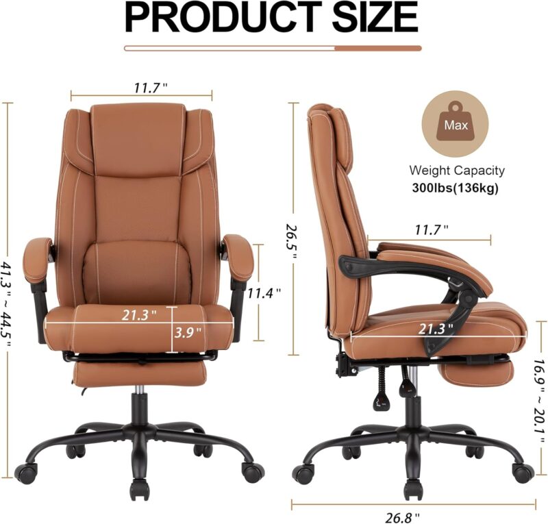 Executive Office Chair with Footrest,90-155°Adjustable Reclining Office Chair,Thick Leather Office Chair with Lumbar Support,Ergonomic Computer Desk Chair Comfy for Home Office (Brown) - Image 2