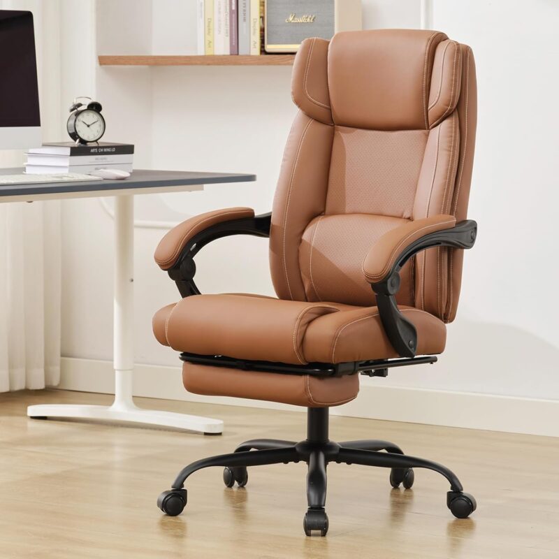 Executive Office Chair with Footrest,90-155°Adjustable Reclining Office Chair,Thick Leather Office Chair with Lumbar Support,Ergonomic Computer Desk Chair Comfy for Home Office (Brown)