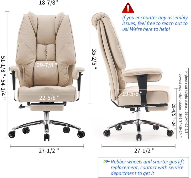 Big and Tall Office Chair 400lbs Wide Seat, Leather High Back Executive Office Chair with Foot Rest, Ergonomic Office Chair Lumbar Support for Lower Back Pain Relief (Beige) - Image 2