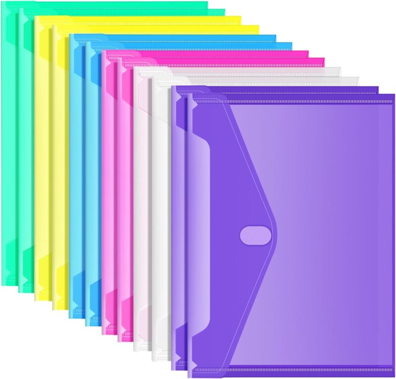 12 Pack Plastic Envelopes Poly Envelopes, HeavyDuty File Folders, Clear Folders with Pockets, Folders for Documents Letter A4 Size, Filing Folders, Travel Bags, Office School Paper Storage