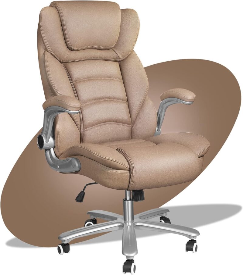 Executive Office Chair, Big and Tall Office Chairs for Heavy People 400lbs Wide Seat, High Back Leather Office Chair Lumbar Support with Adjustable Armrest, Office Desk Chair, Brown