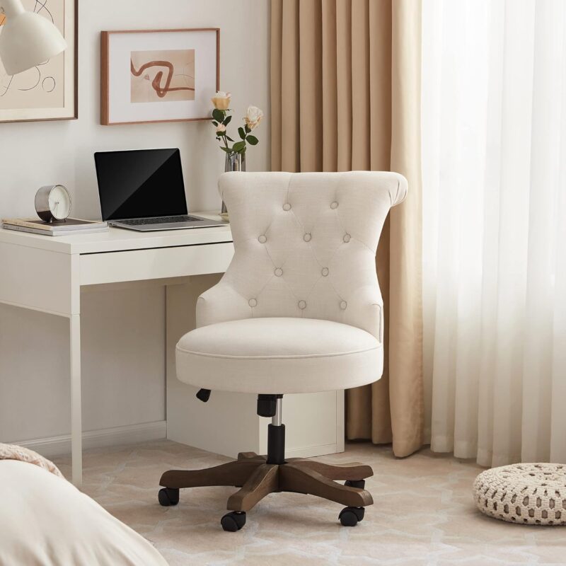 Home Office Chair Adjustable Height Swivel Chair with Wheels Linen Fabric Upholstered Computer Desk Chair with Wooden Legs Comfortable Armless Chair for Home Office Study(Beige)