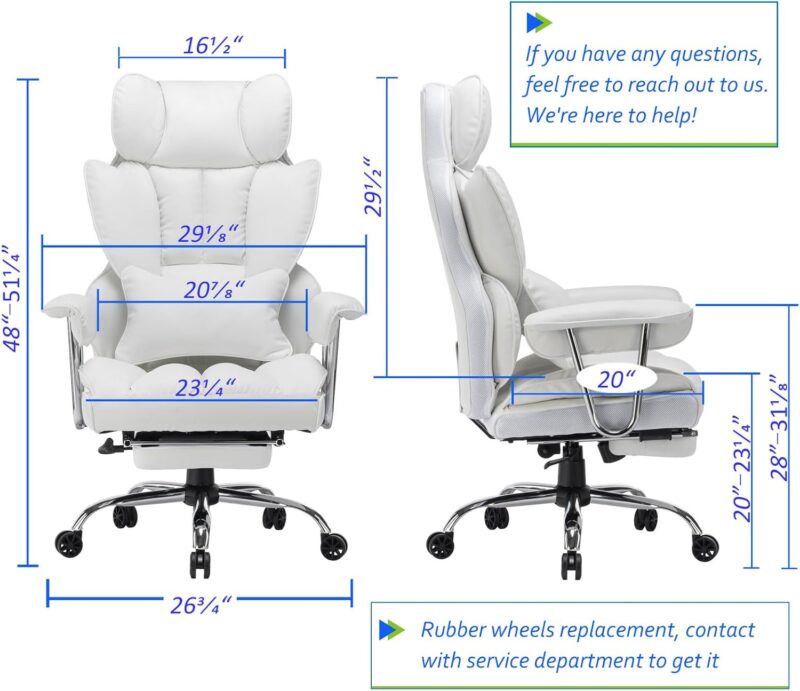 Desk Office Chair 400LBS, Big and Tall Office Chair, PU Leather Computer Chair, Executive Office Chair with Leg Rest and Lumbar Support, White Office Chair - Image 2