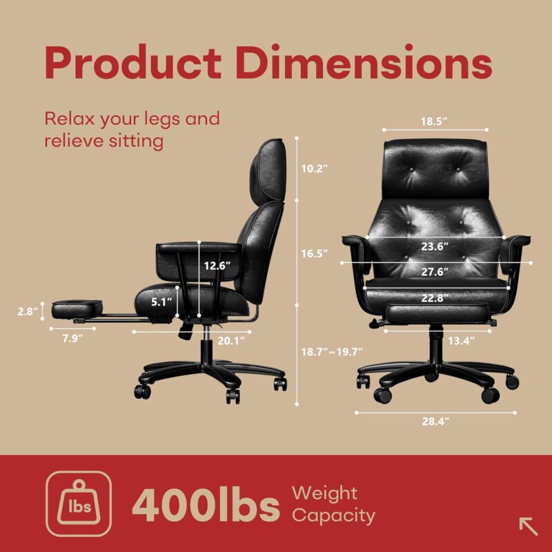 Reclining Office Chair with Footrest, Big and Tall Office Chair 400lbs Wide Seat, Leather High Back Executive Office Chair, Ergonomic Vintage Desk Chair, Heavy Duty Black Computer Chair - Image 2
