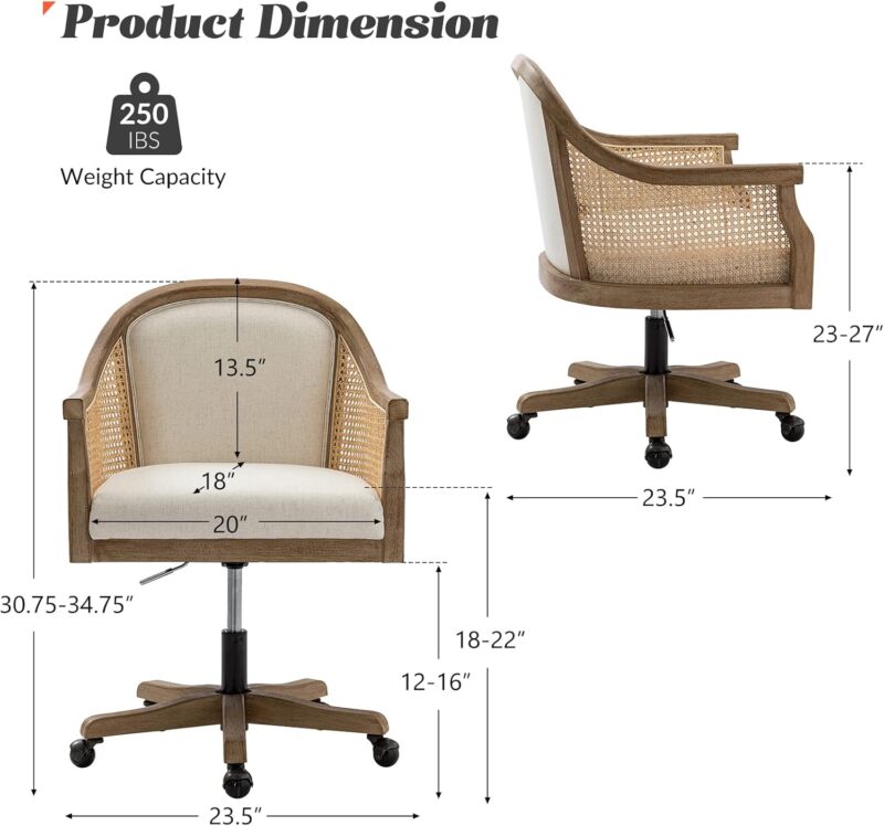 Rattan Desk Chair, Upholstered Home Office Chair, Vintage Office Chair with Armrest, Adjustable Swivel Rolling Height Task Chair for Living Room Bedroom Study Room, Ivory - Image 2