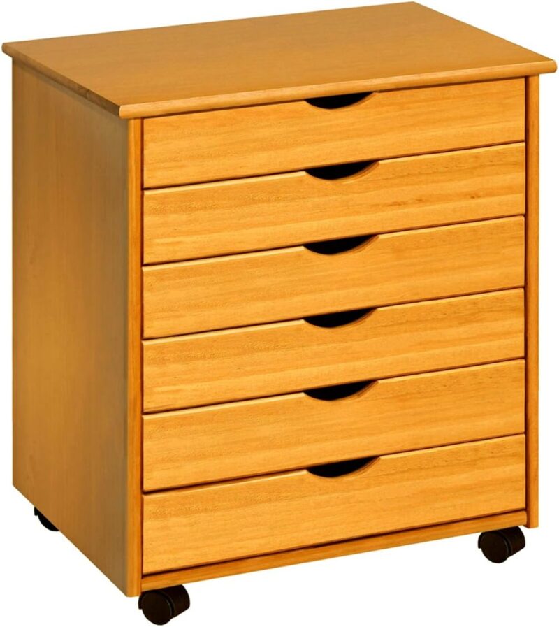 Roll Cart, Solid Wood, 6 Drawer Extra Wide Drawers Roll Carts, Medium Pine