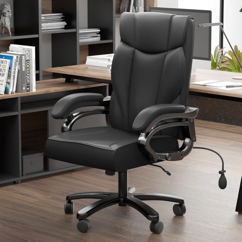 High Back Executive Chair - Ergonomic Big and Tall Office Chair with Metal Base & Arms, Leather Lumbar Support, Reclining Comfort Chair (Black)