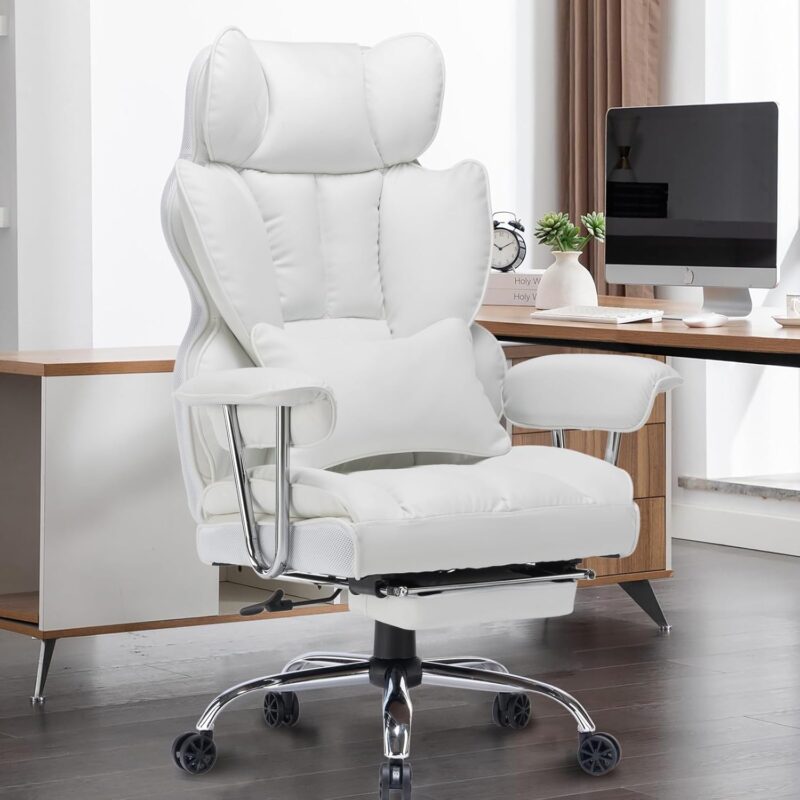 Desk Office Chair 400LBS, Big and Tall Office Chair, PU Leather Computer Chair, Executive Office Chair with Leg Rest and Lumbar Support, White Office Chair