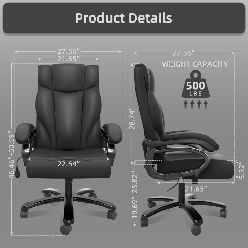 High Back Executive Chair - Ergonomic Big and Tall Office Chair with Metal Base & Arms, Leather Lumbar Support, Reclining Comfort Chair (Black) - Image 2