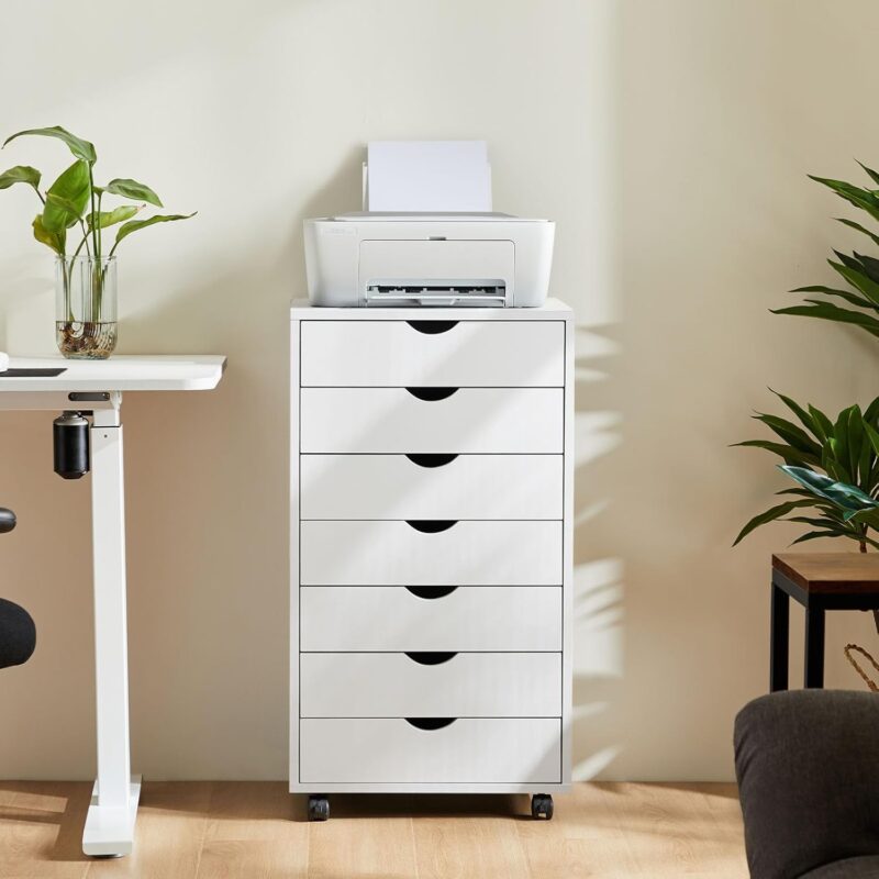 7 Drawer File Cabinet Wood Rolling Organizer Storage Chest with Wheels Mobile Printer Stand for Home Office, 15.75"D x 18.74"W x 34.25"H, White - Image 2