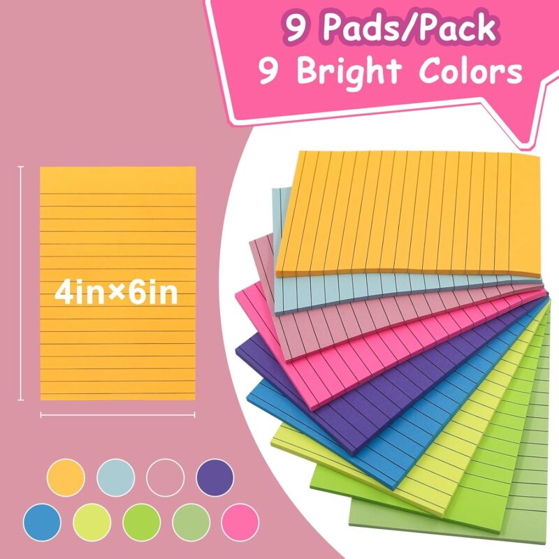 9 Pads of Lined Sticky Notes 4x6 inches, Pastel Ruled Post Stickies, Colorful Super Sticky Notes Memo Pads - 35 Sheets Per Pad - Image 2