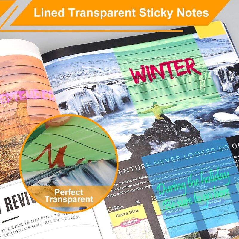 300 Sheets Lined Transparent Sticky Notes, 3x3 Inch 6 Colorful Clear See Through Translucent Self-Adhesive Post Memo Reminder T with Line for Office Woman College School Students Classroom Supplies - Image 2