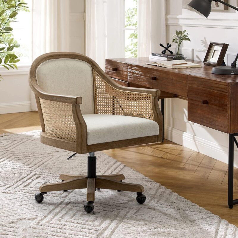 Rattan Desk Chair, Upholstered Home Office Chair, Vintage Office Chair with Armrest, Adjustable Swivel Rolling Height Task Chair for Living Room Bedroom Study Room, Ivory