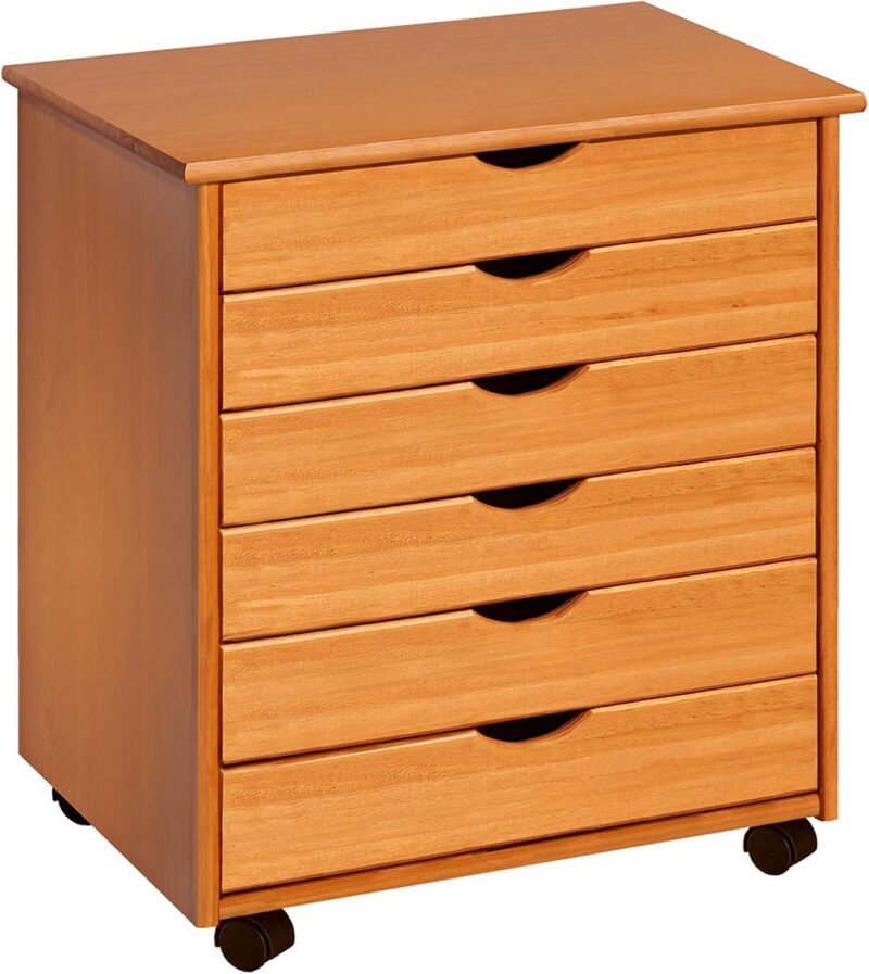 Solid Wood 6 Drawer Wide Roll Cart Drawers Rolling