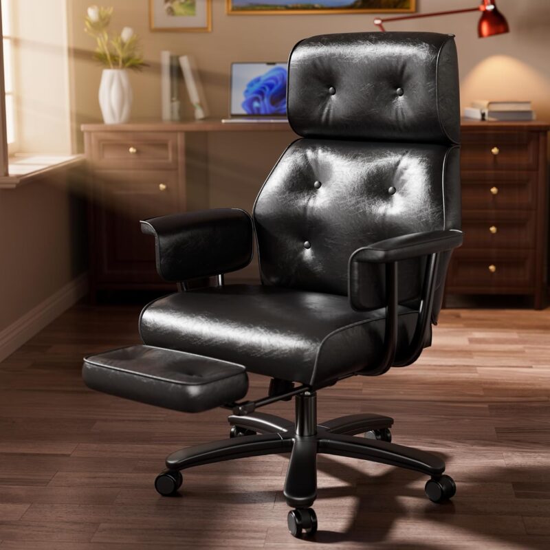 Reclining Office Chair with Footrest, Big and Tall Office Chair 400lbs Wide Seat, Leather High Back Executive Office Chair, Ergonomic Vintage Desk Chair, Heavy Duty Black Computer Chair