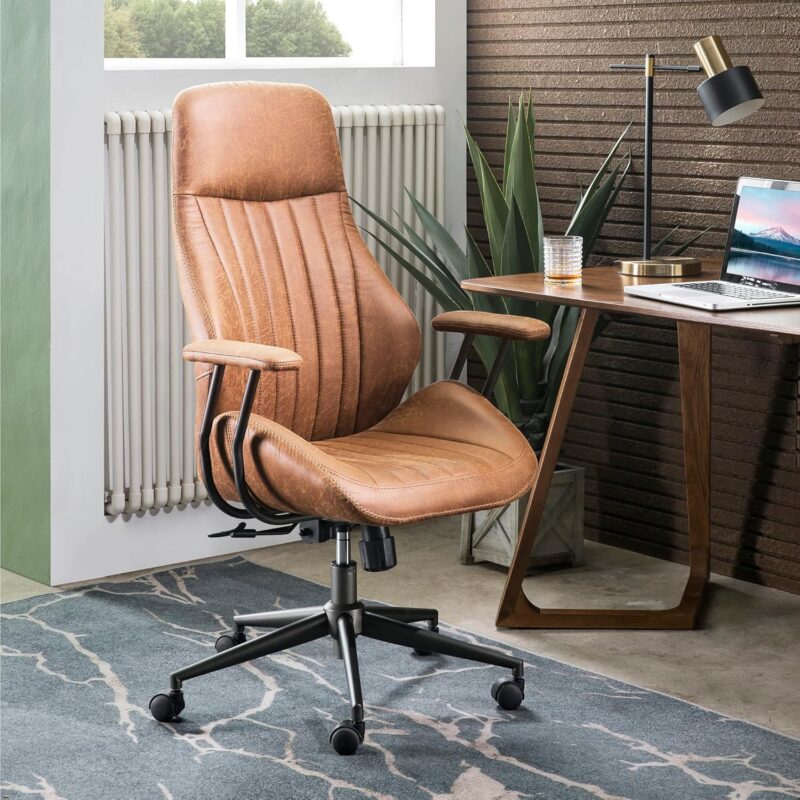 Ergonomic Home Office Chair, Mid-Century Modern Leather Chair with Lumbar Support, High Back Swivel Rolling Executive Chair, Comfy Task Computer Desk Chair (Brown, Suede Leather)
