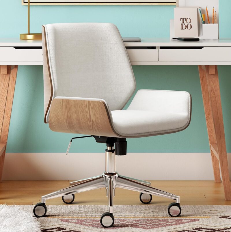 Home Office Desk Chair, Mid Century Modern Bentwood Style, Ergonomic Curved Low-Back and Seat, Armless Design, Chrome Swivel Base, Upholstered in Woven Fabric, Ivory - Image 2